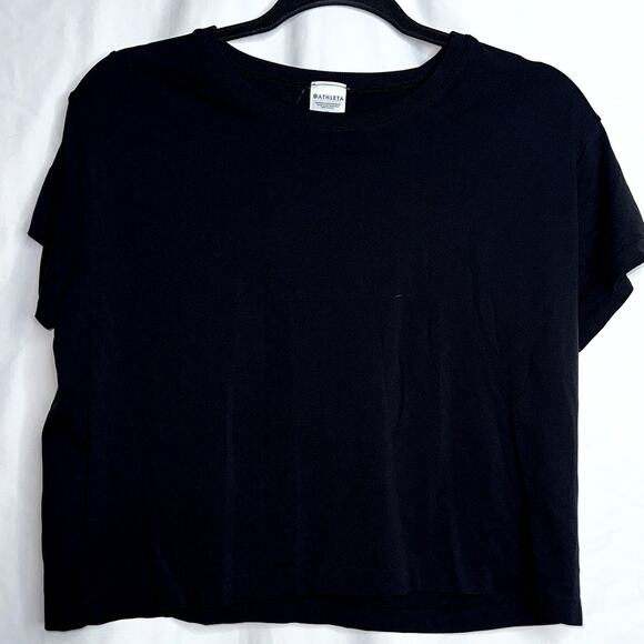 Athleta Womens Size Medium Black Short Sleeve Nylon Activewear Crop Top - Picture 1 of 6
